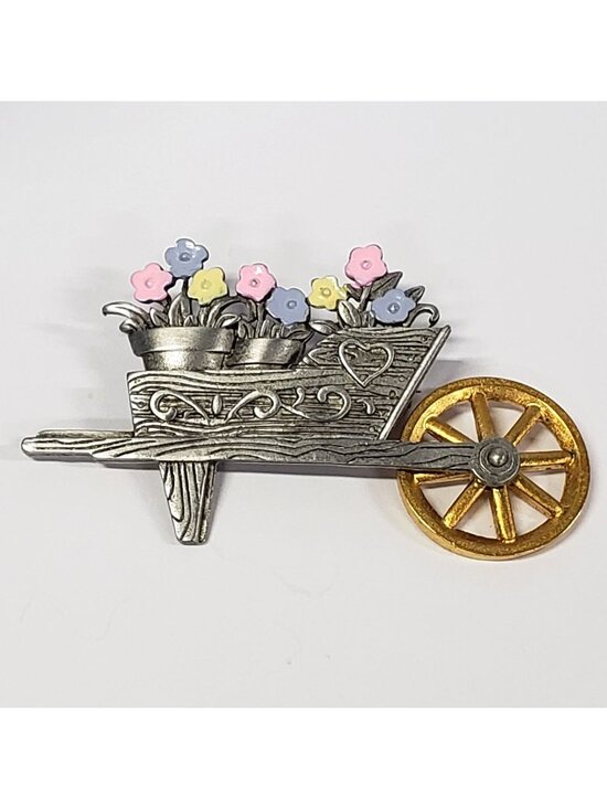 JJ Jonette Jewelry - Vintage JJ Jonette Jewelry Wheelbarrow Brooch with Flowers & Gold-Tone Wheel
